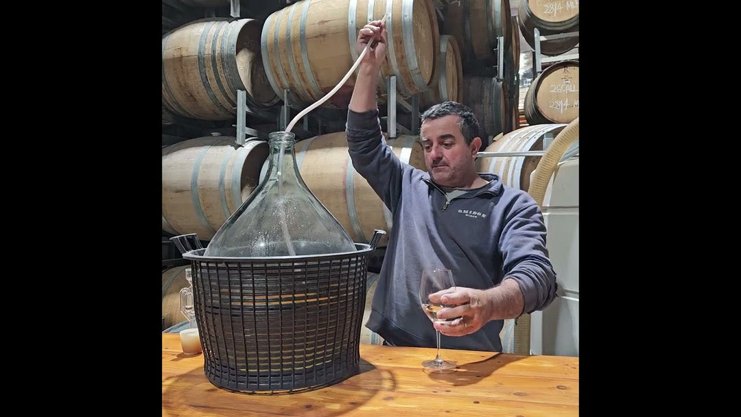 Matt standing by a small open tank of pale fortified Pedro Ximénez wine with visible yeast lees inside