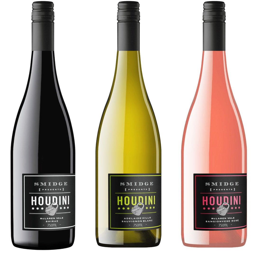 Three bottles of Houdini wine from different varieties on a white background